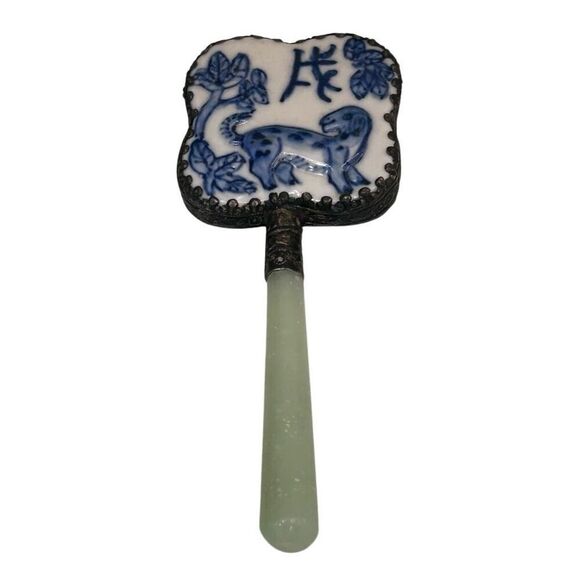 Vtg Chinese Hand Mirror Rounded Corner Squircle W/ Jade Handle & Porcelain Back - Picture 15 of 15